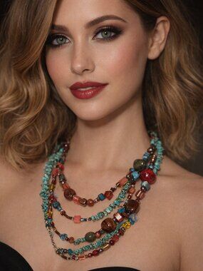 Boho Multi Strand Beaded Statement Necklace Colorful Mixed Beads Layered Artisan